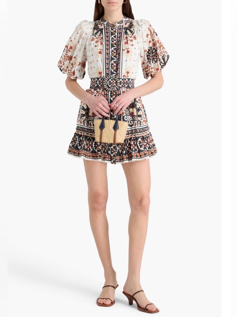 Farm Rio Boho floral-print cotton-blend long sleeves mini dress Size XSMALL